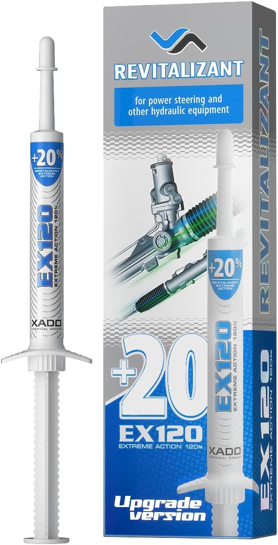 XADO Power Steering Fluid Oil Additive EX120 front packaging view showing the eight milliliter syringe container