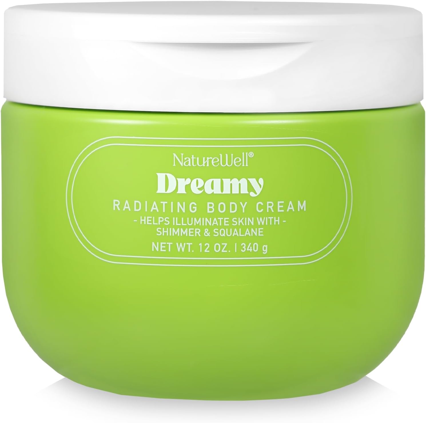 Nature Well Dreamy Radiating Shimmer Body Cream front view green jar moisturizer for glowing skin