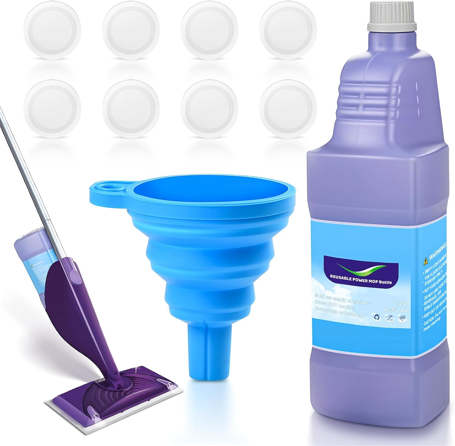 DrFlito refillable replacement bottle for Swiffer Wet Jet front view on white background.