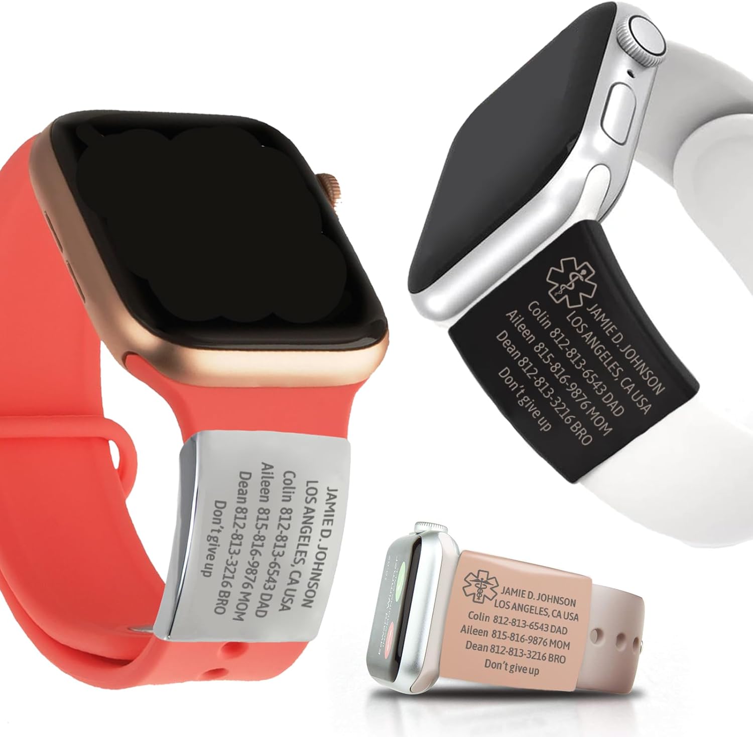 Uniqora custom watch band tag front view showing personalized laser engraving on an Apple Watch sport band.