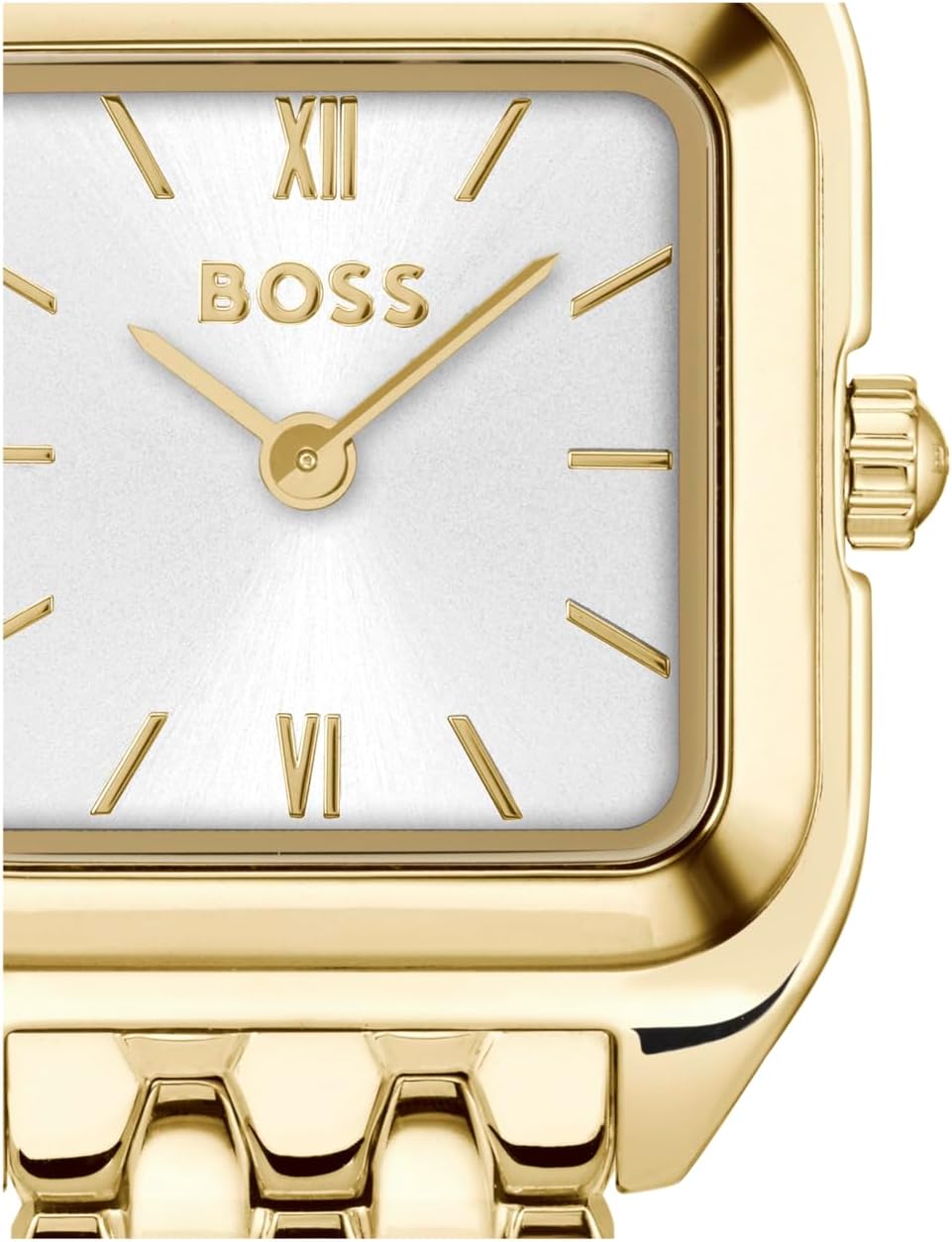 BOSS Mae Petite watch angled view showing stainless steel bracelet