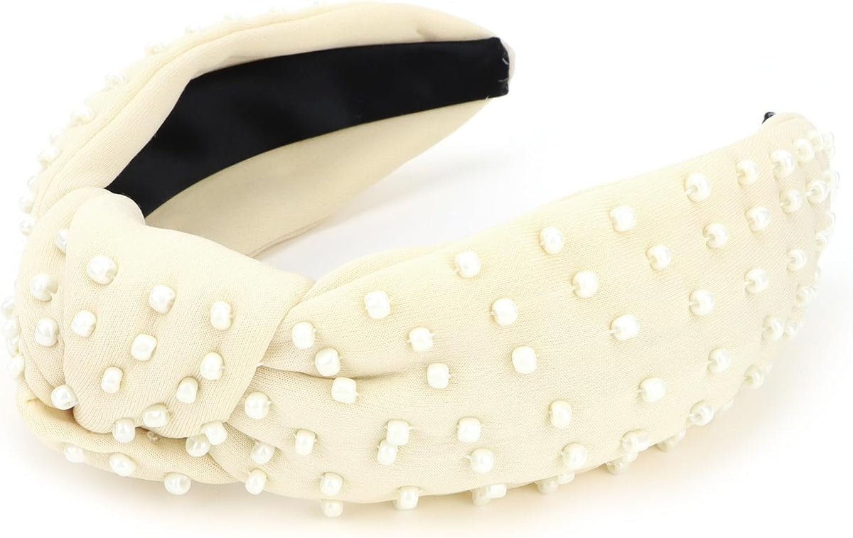 YISSION pearl knot headband detail shot emphasizing premium fabric quality.