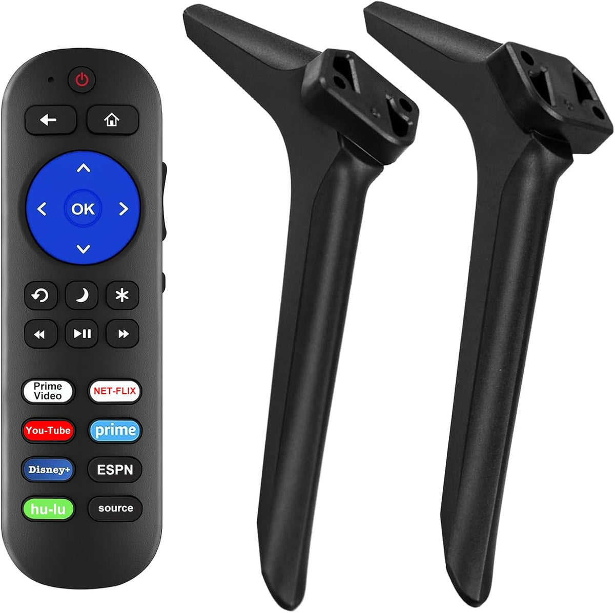 Yimaut replacement TV stand legs and remote control kit front view displaying black pedestal feet and infrared remote button layout.