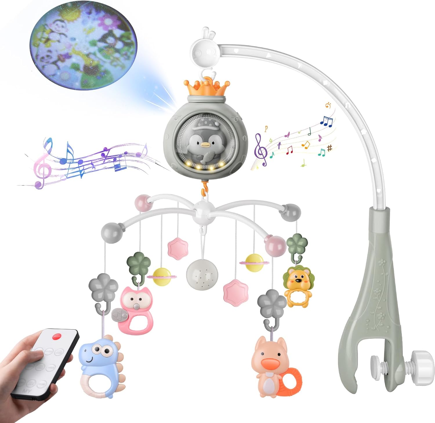 Mallexo Generic musical baby crib mobile front view showcasing the penguin projector and hanging toys.