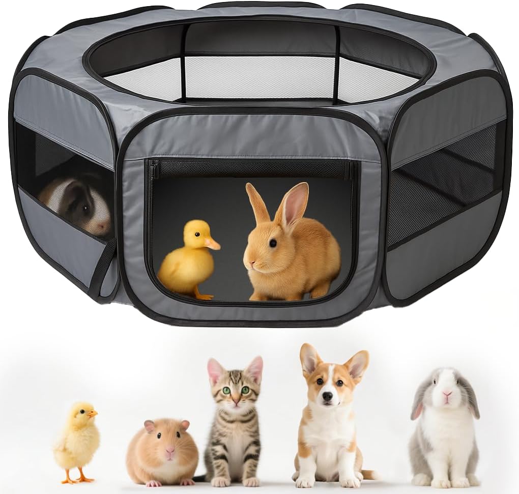 UWE Extra Large Small Animal Playpen, XL Portable Pet Playpen for Rabbit, Kitten, Guinea Pig, Hamster, Puppy - Waterproof Foldable Mesh Tent with Zipper Cover, Indoor Outdoor Use, Dark Grey - Image 1