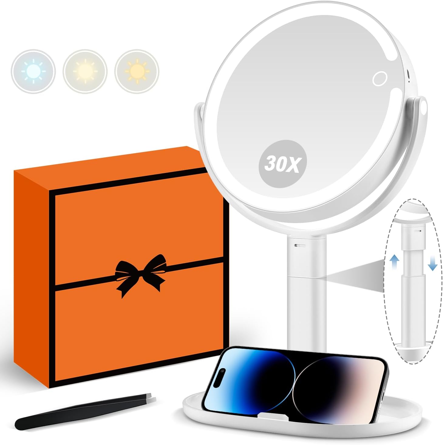 MIYADIVA Makeup Mirror with Lights, 30X Magnifying Mirror with Light and Touch Switch, Vanity Mirror with 3 Color Light and 80 LEDs, Height Adjustable Desk Mirror with Lights, White - Image 1