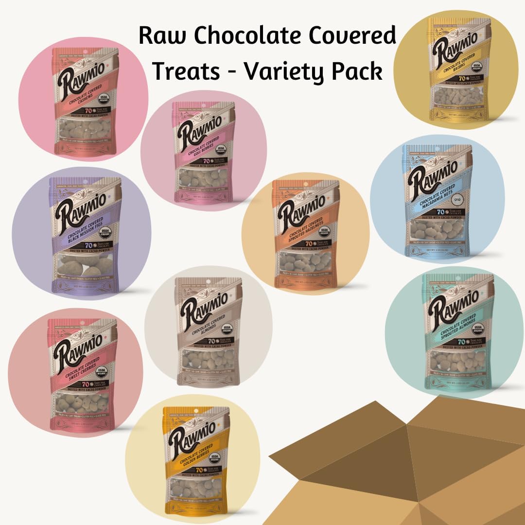 Rawmio gourmet chocolate variety pack display featuring dark chocolate covered nuts and fruits.