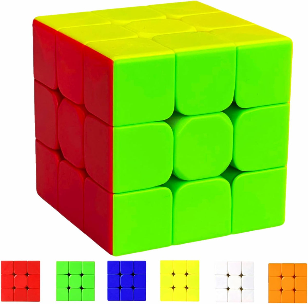 Bokefenuo GoodCube 3x3 speed cube front view showing stickerless vibrant colors on white base.
