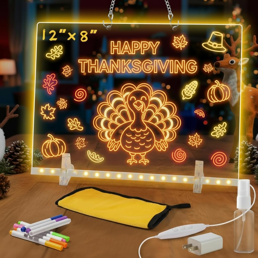 Kyclums Lumiboard LED drawing board front view displaying glowing neon artwork on acrylic surface.