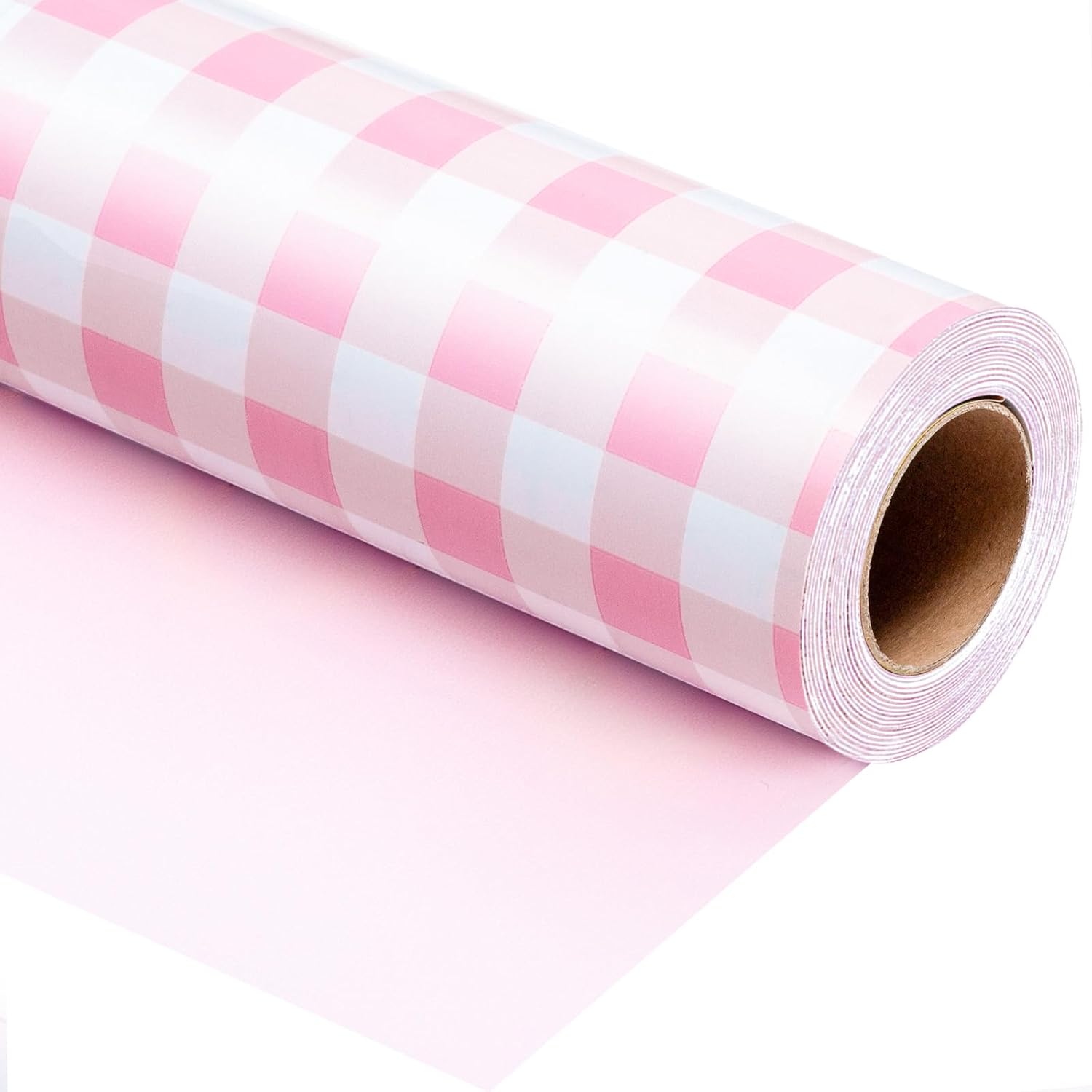 Burymento pink checkerboard wrapping paper roll front view featuring a stylish pastel plaid pattern for gift wrapping.
