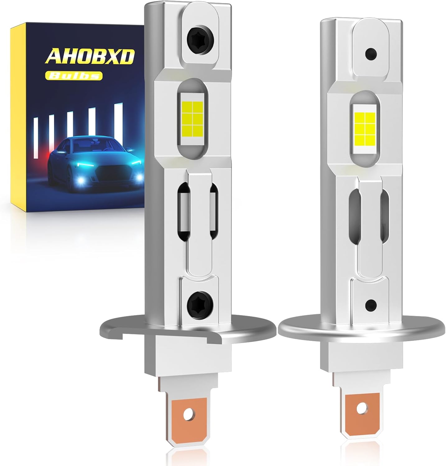 AHOBXD H1 LED fog light bulbs front view showing premium automotive lighting design