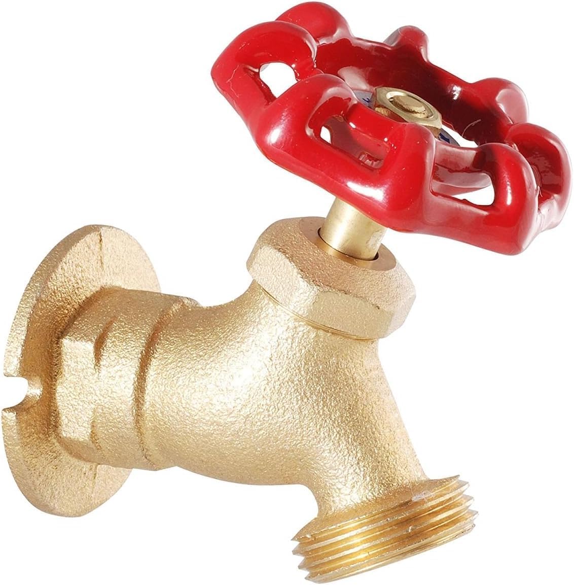 Close-up of threaded inlet and hose connection outlet on brass valve