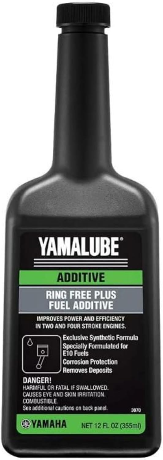 Yamaha Yamalube Outboard Ring Free Plus Fuel Additive 12 Ounce front view bottle for marine engine maintenance