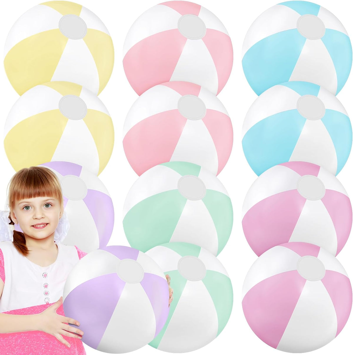MiniInflat 12 piece inflatable beach balls front view showcasing pastel macaron colors for summer parties.
