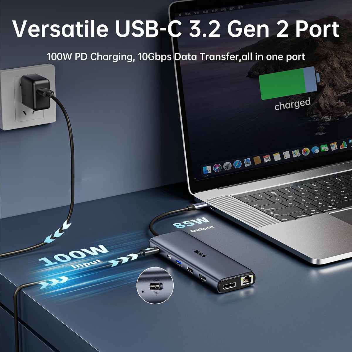 SSK 14-in-1 hub demonstrating 100W power delivery cable connection.