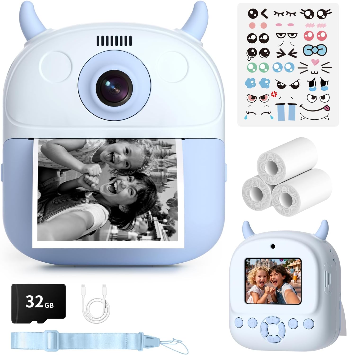 KIDAGINS kids instant print camera blue front view showing lens and horned design