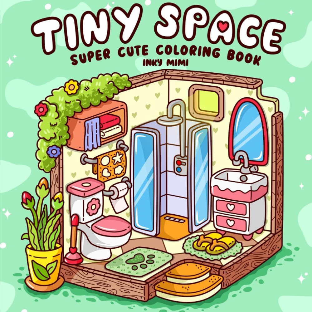 Inky Mimi Tiny Space coloring book front cover featuring cozy interior designs.