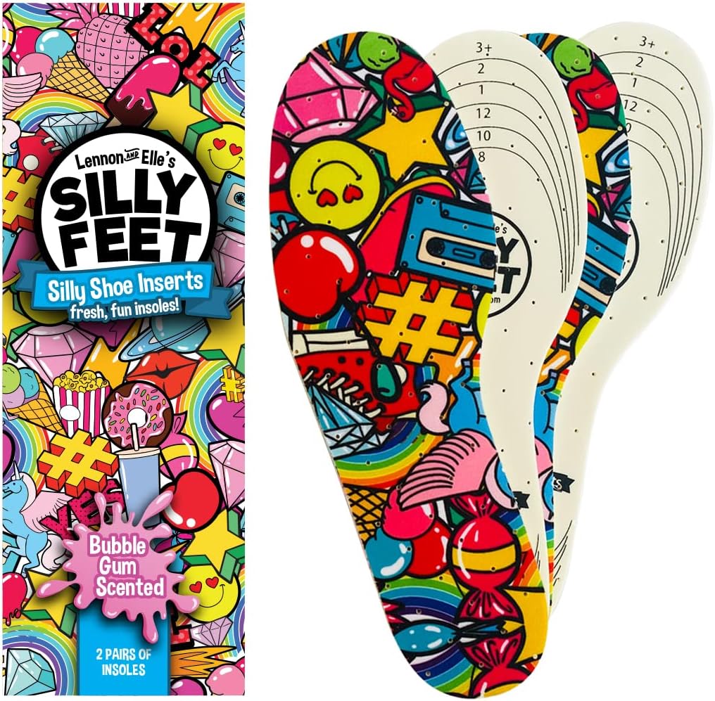 Silly Feet kids shoe insoles front view with bubble gum scent packaging