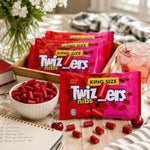 Close up view of the chewy red licorice nibs showing texture.