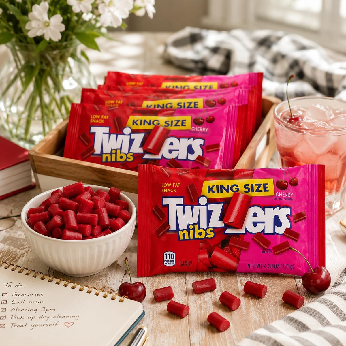 Close up view of the chewy red licorice nibs showing texture.
