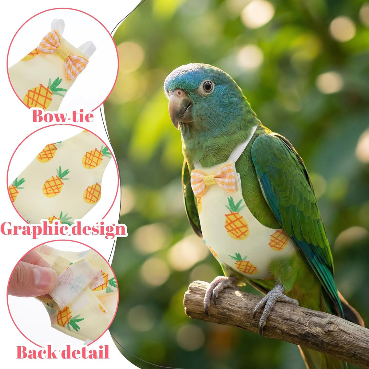 Adjustable waist and leg opening strap details on bird diaper clothes