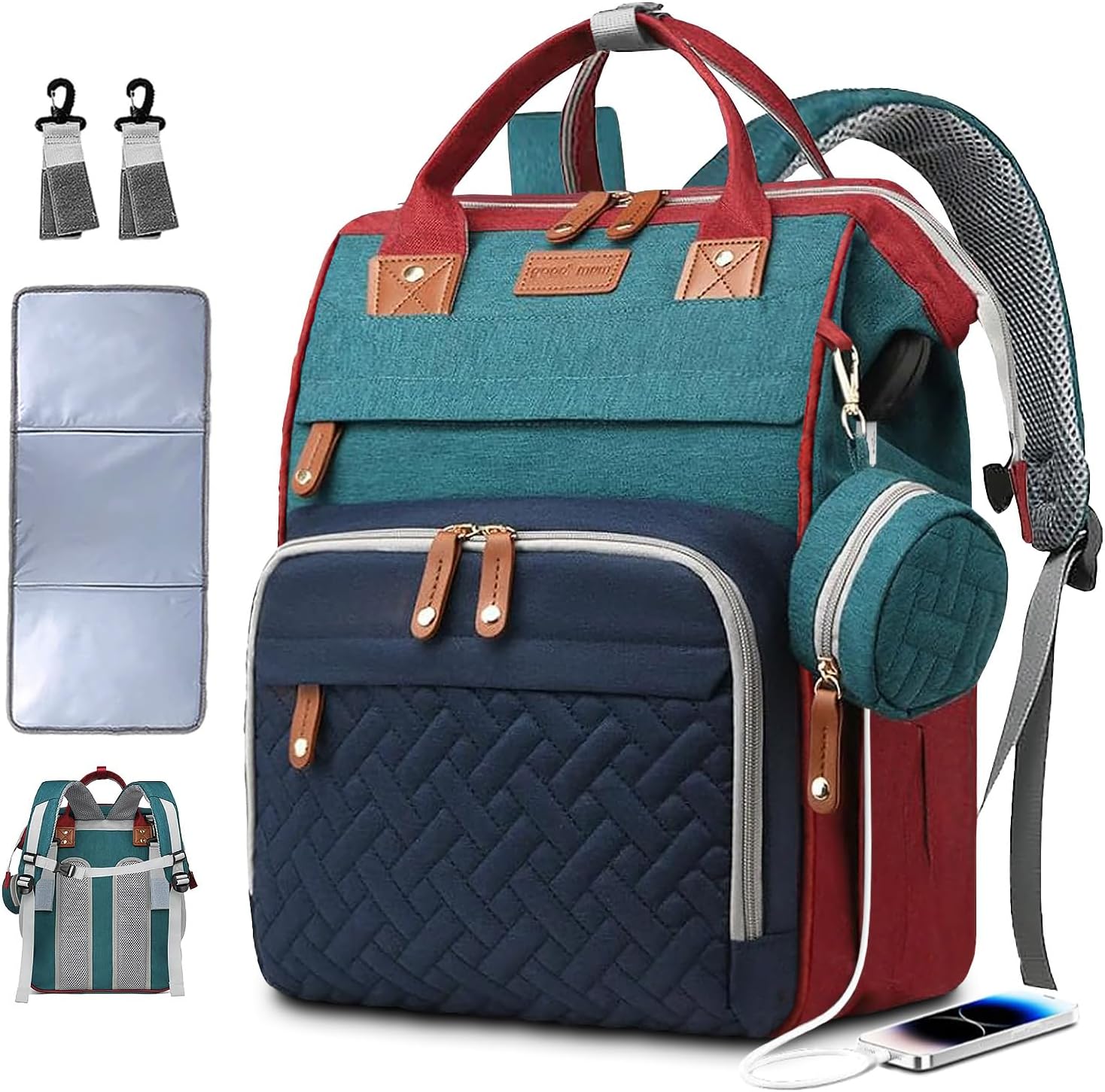 SHITIESHOU diaper bag backpack front view in colorful multi color print