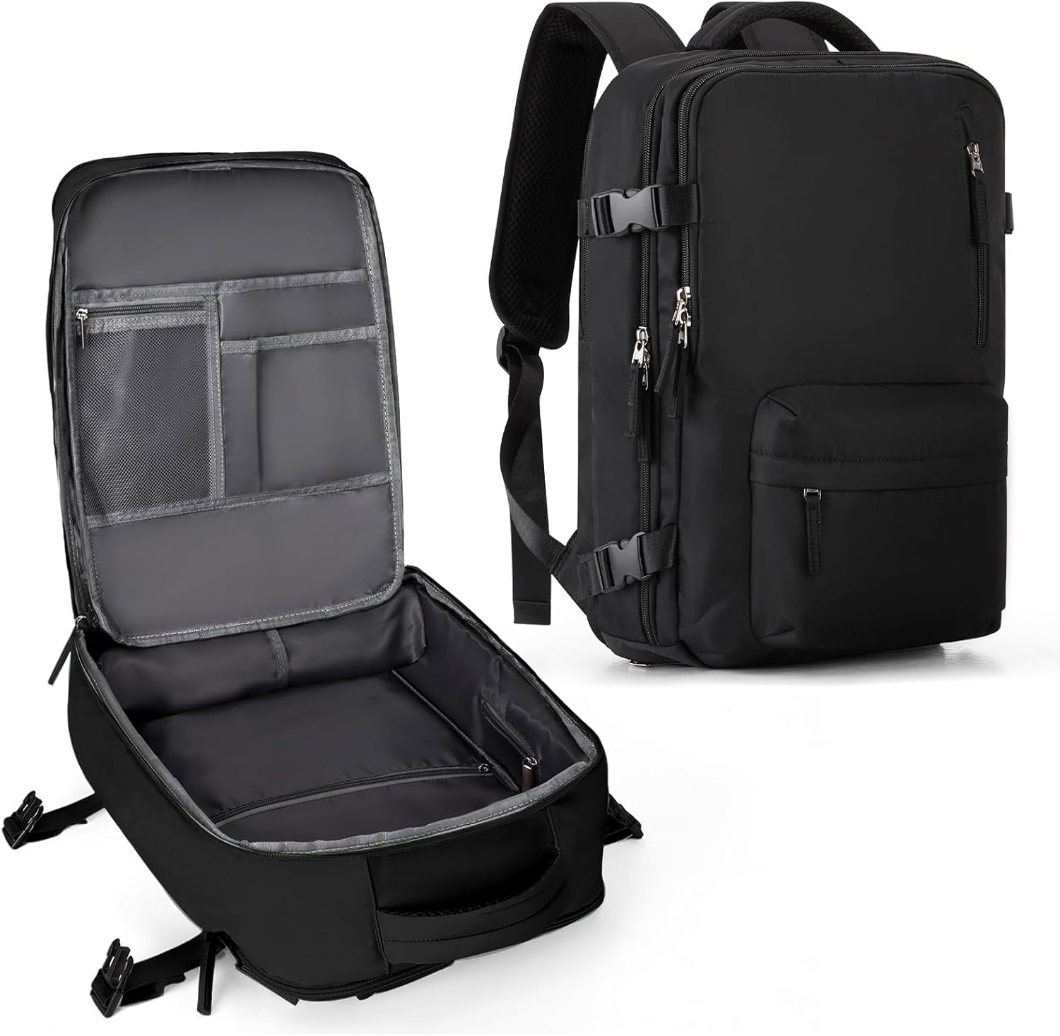 WONHOX Large Travel Backpack front view in classic black waterproof polyester material.