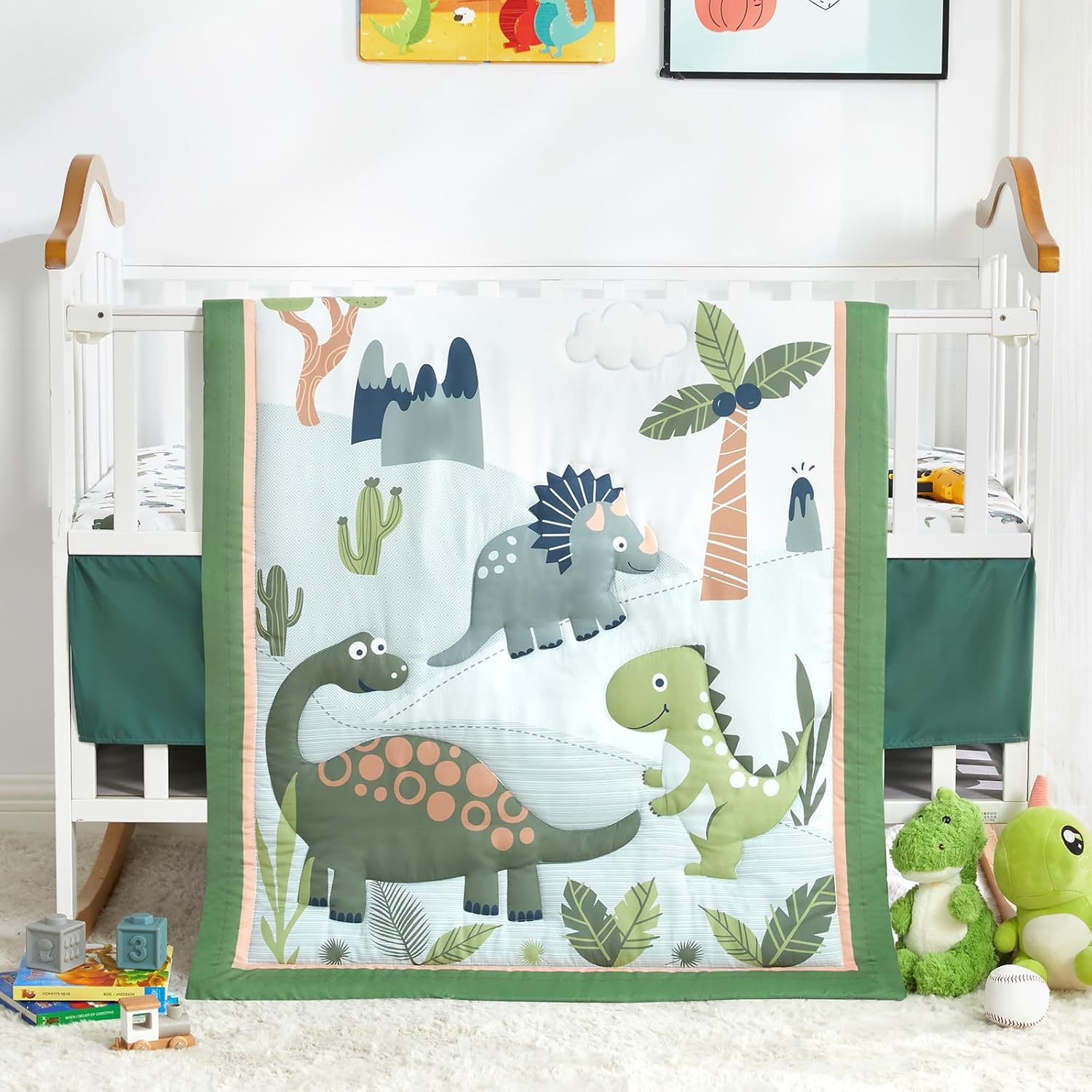 Wowelife dinosaur crib bedding set for boys green front view premium nursery comforter set
