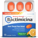 Bactimicina Sore Throat Lozenges Maximum Strength orange flavor front packaging