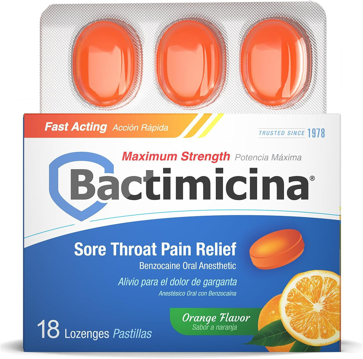Bactimicina Sore Throat Lozenges Maximum Strength orange flavor front packaging