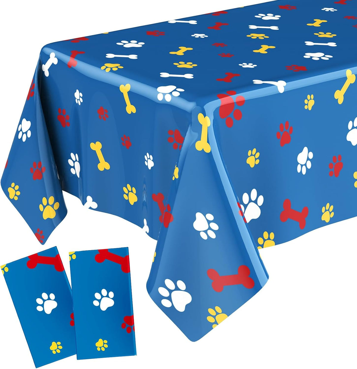 Gilprop blue dog paw print tablecloth 2 pack front view on a rectangular party table