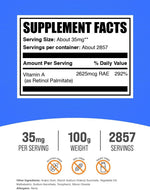 BulkSupplements Retinol Palmitate supplement 100g pouch back label showing ingredients