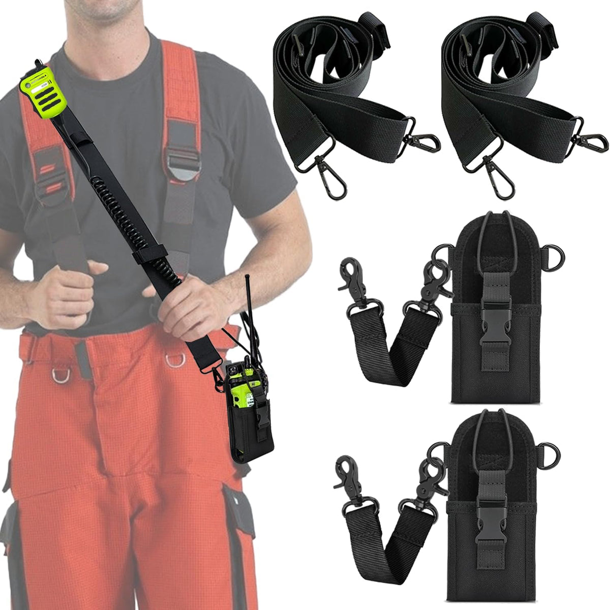 Levowin firefighter radio strap and holder set front view showing heavy duty black nylon harness