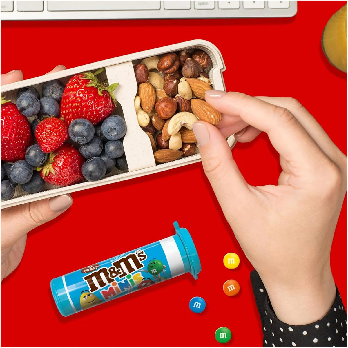 Authentic USA imported M&M's mini chocolate treats displayed on a clean kitchen counter top