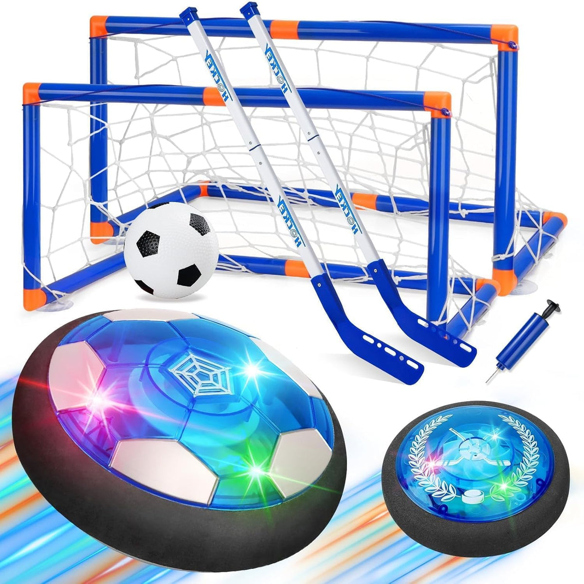 Nazano 3-in-1 Hover Soccer Ball and kids hockey sticks front view main package layout