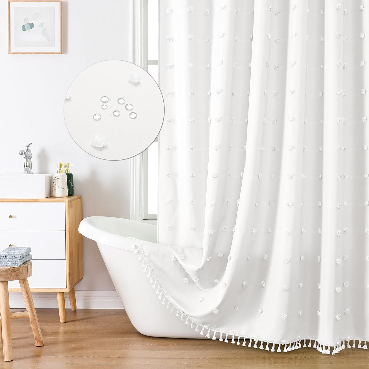 LilyCat Boho Farmhouse White Fabric Shower Curtain front view featuring tufted floral puffs and rustic bottom tassels.