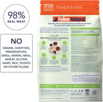 Feline Natural freeze dried raw cat food recipe close up view of high protein meat chunks