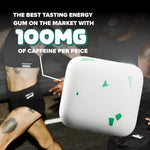 Close up of sugar free spearmint energy chewing gum pieces outside the packaging