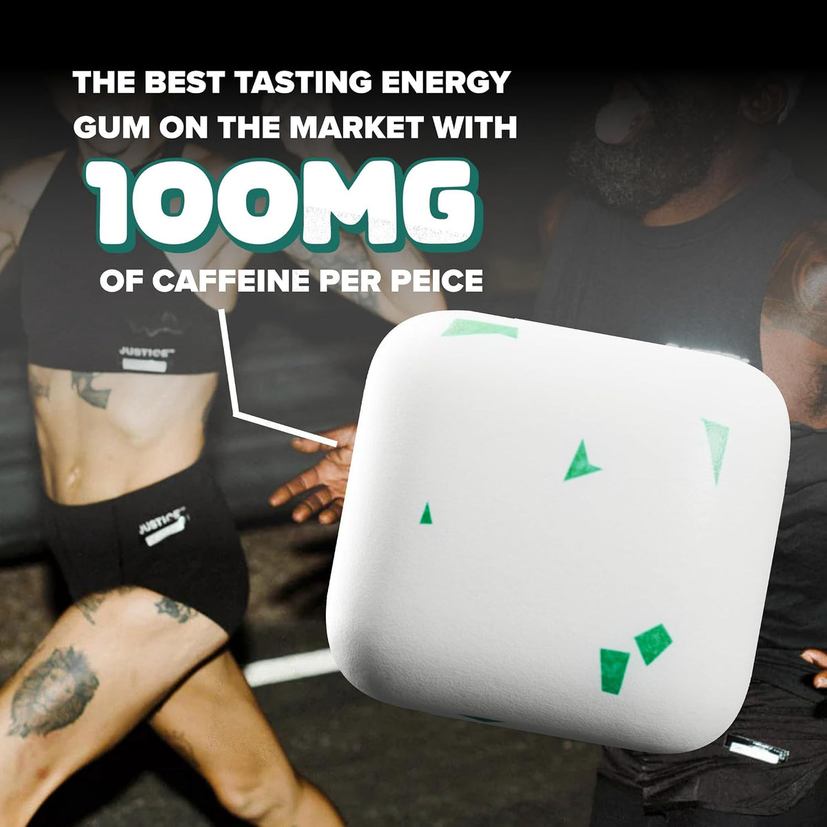 Close up of sugar free spearmint energy chewing gum pieces outside the packaging