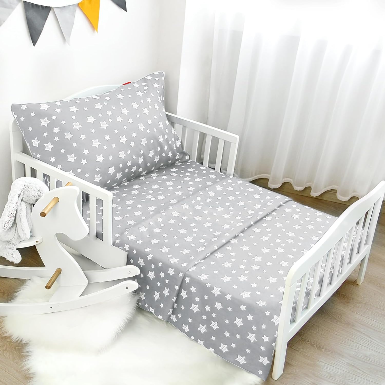 Moonsea toddler bed sheets three piece set front view featuring grey star pattern