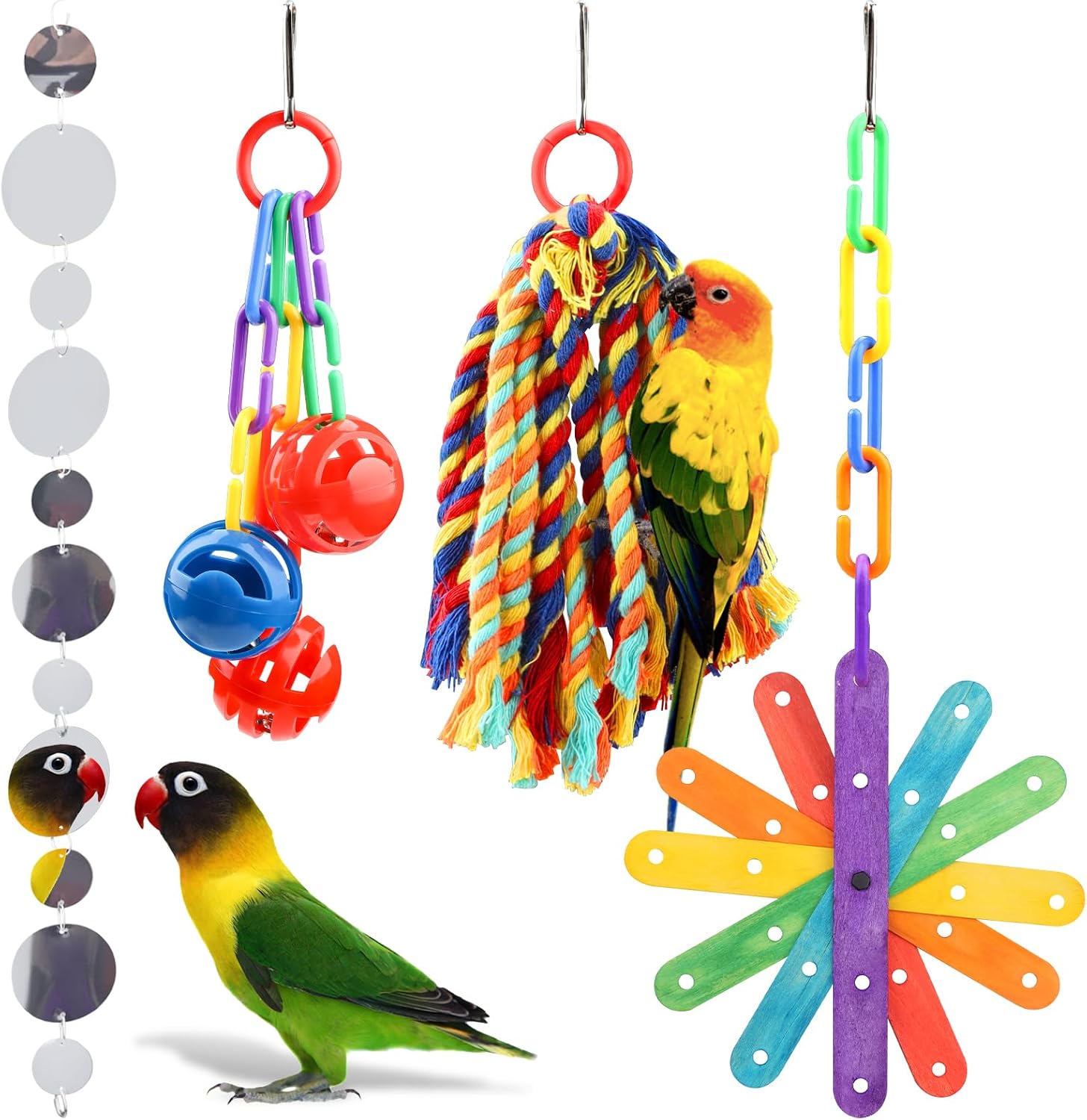 Quozuo small bird toys parakeet cage accessories front view showing four pieces set.