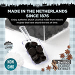 Close up of the textured firm black licorice candy imported from the Netherlands.
