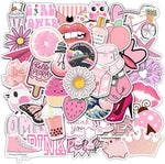 Wooowyet pink aesthetic stickers pack front view showing multiple unique cute vinyl designs for water bottles and laptops