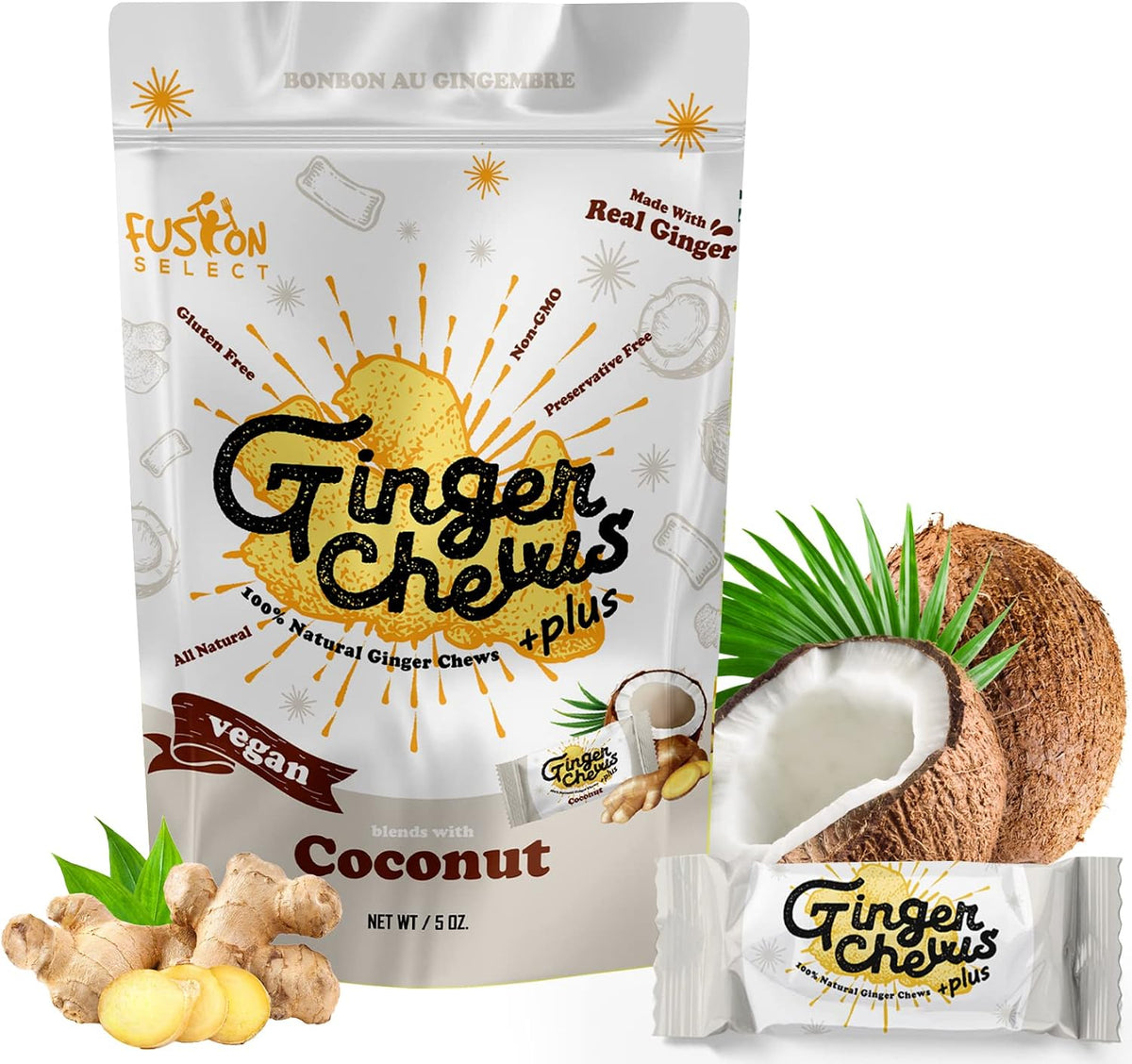 Fusion Select original flavor ginger candy packaging designed for natural digestive system support.