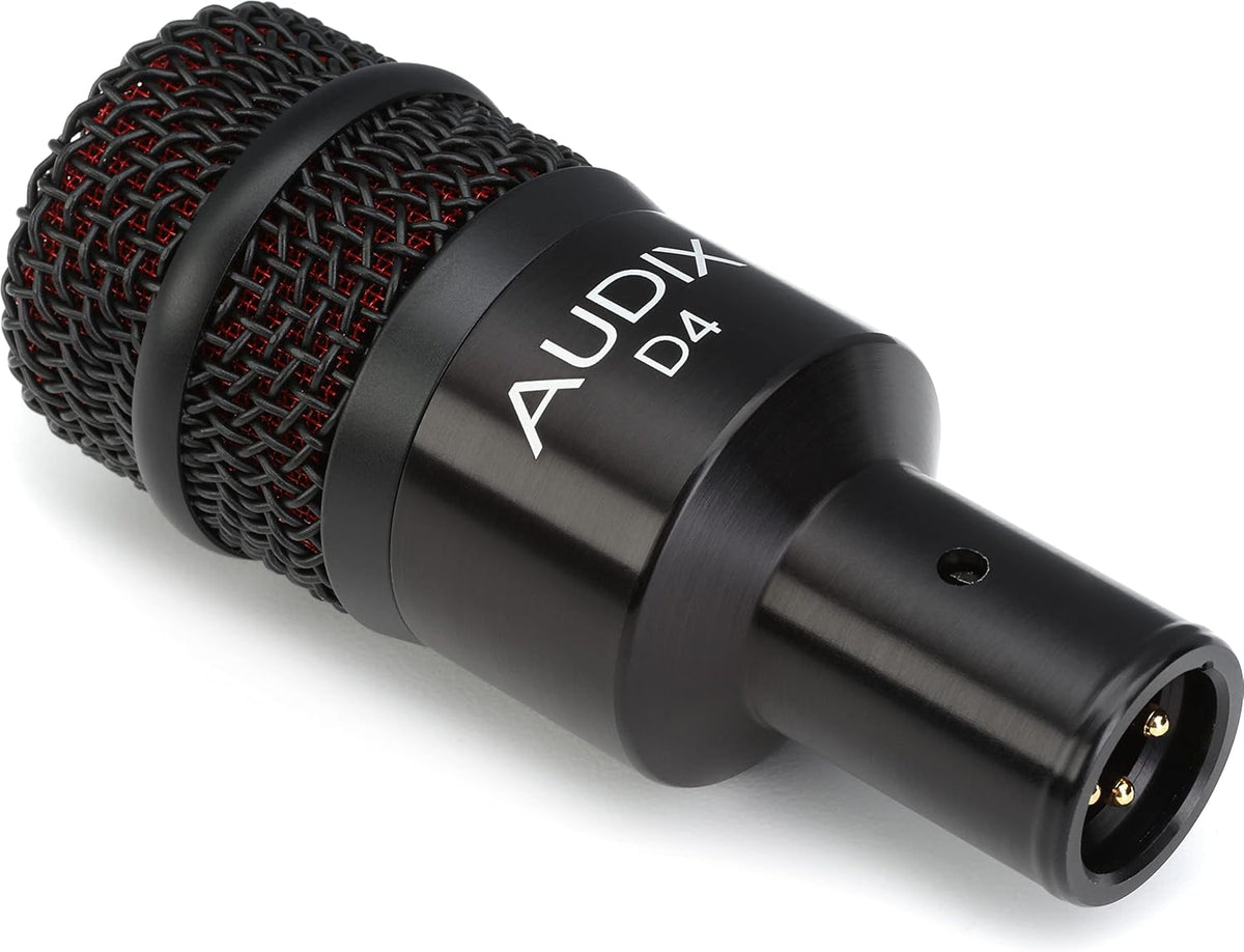 Audix D4 drum microphone mounted on a rim clip