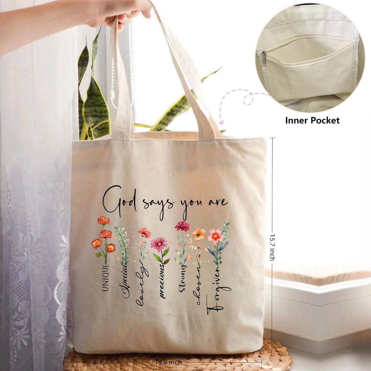 Nioobager canvas Christian tote bag faith graphic closeup