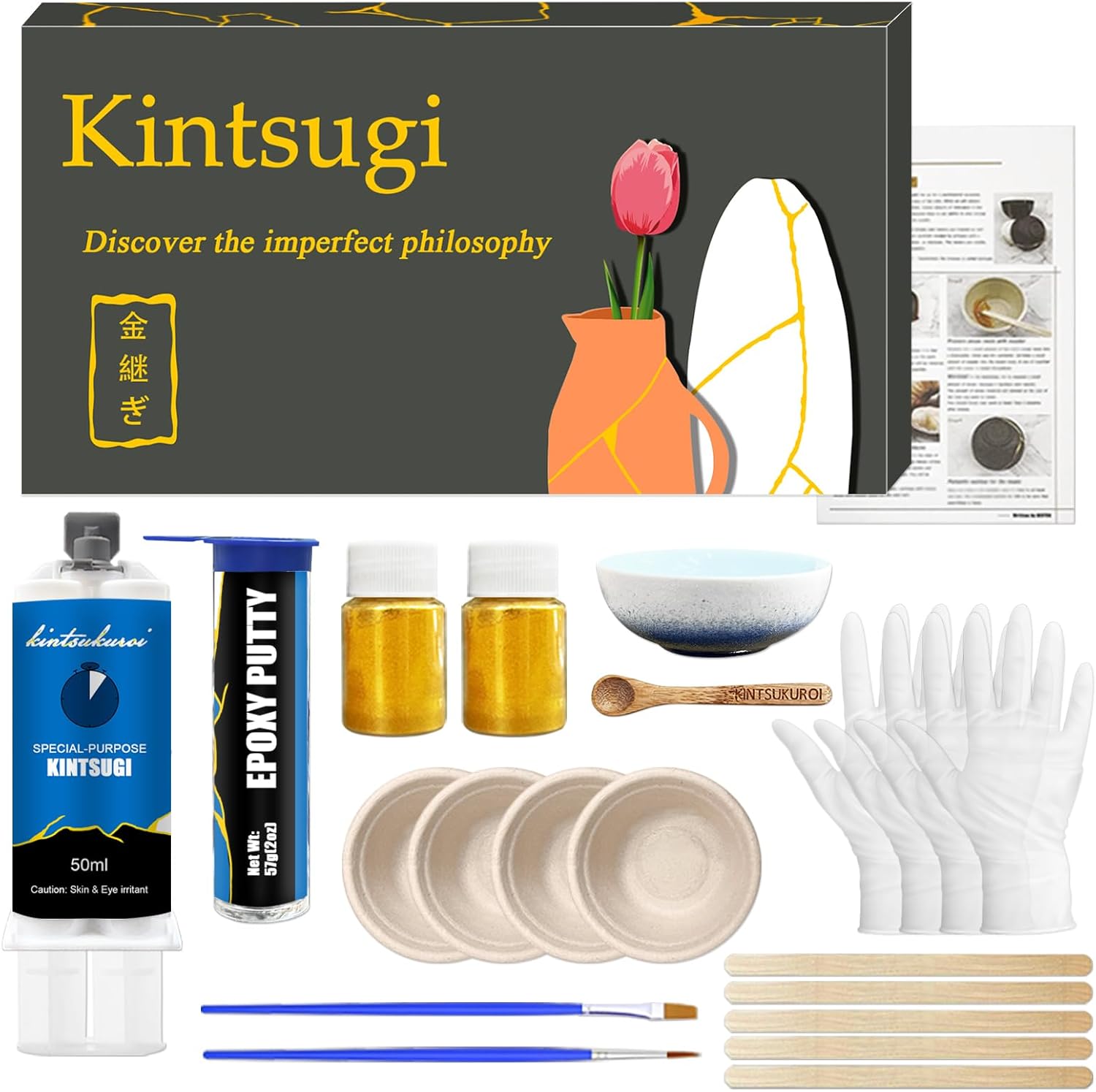 Kintsugi Japanese Gold Repair Kit with Practice Cup, Gold Glue for Ceramic and Porcelain Repair, Kintsugi Kit for Beginners Broken Ceramic Gifts - Image 1