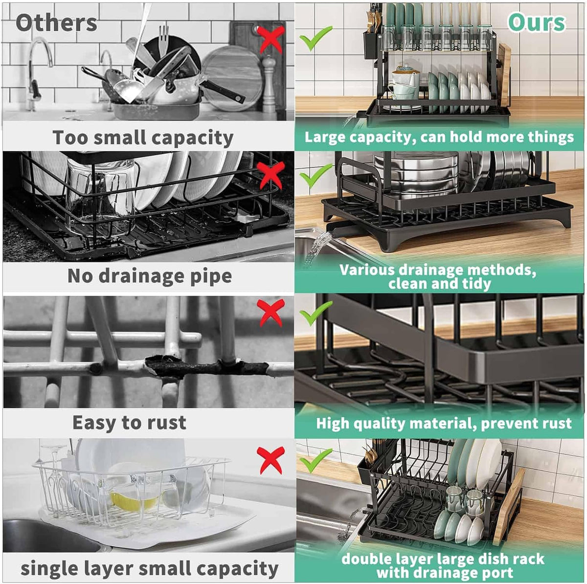 XLMYS dish drying rack featuring the detachable cutlery holder and cup hooks.
