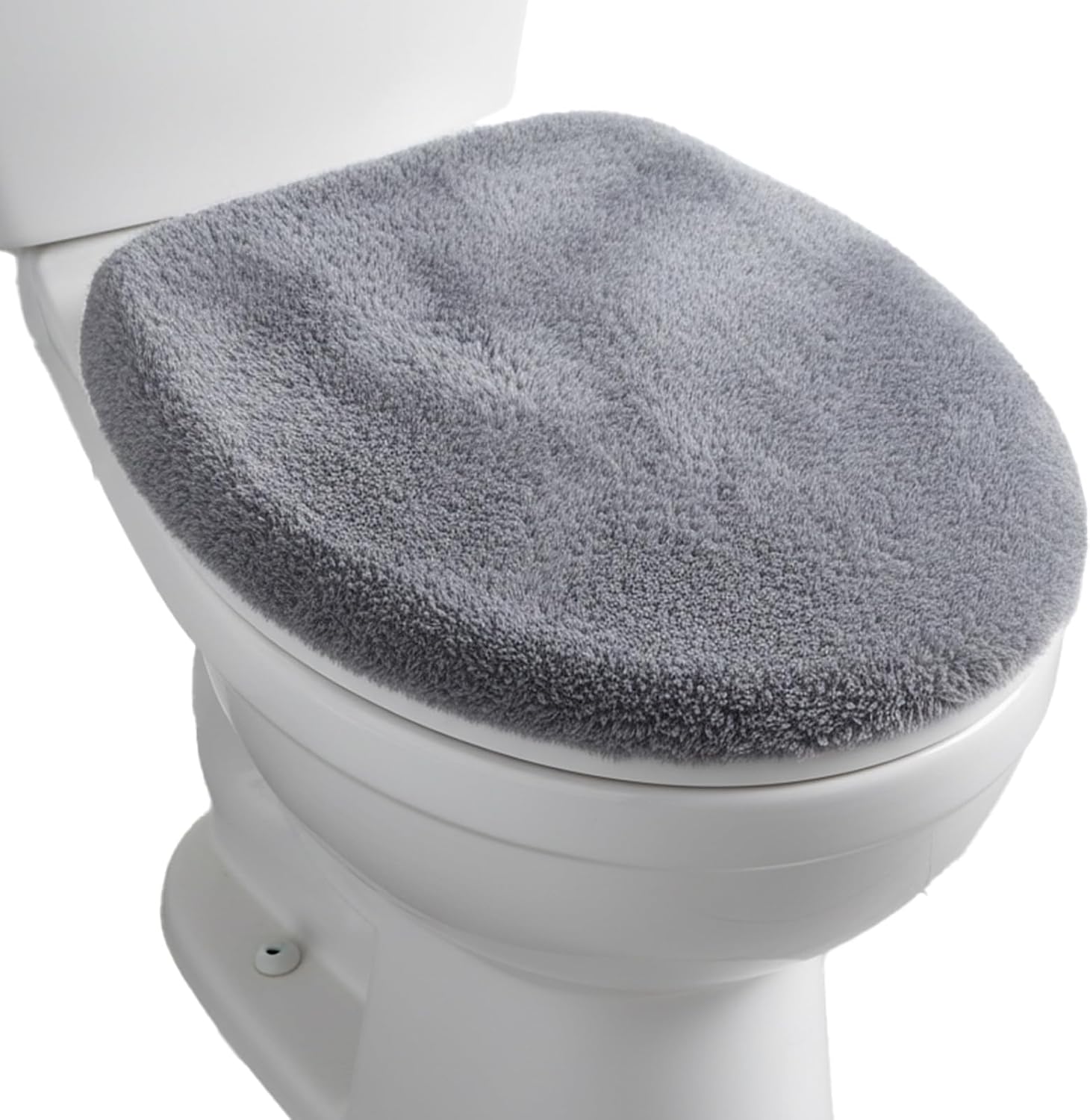 DOPENSPI gray microfiber toilet lid cover front view installed on a standard round bathroom toilet.