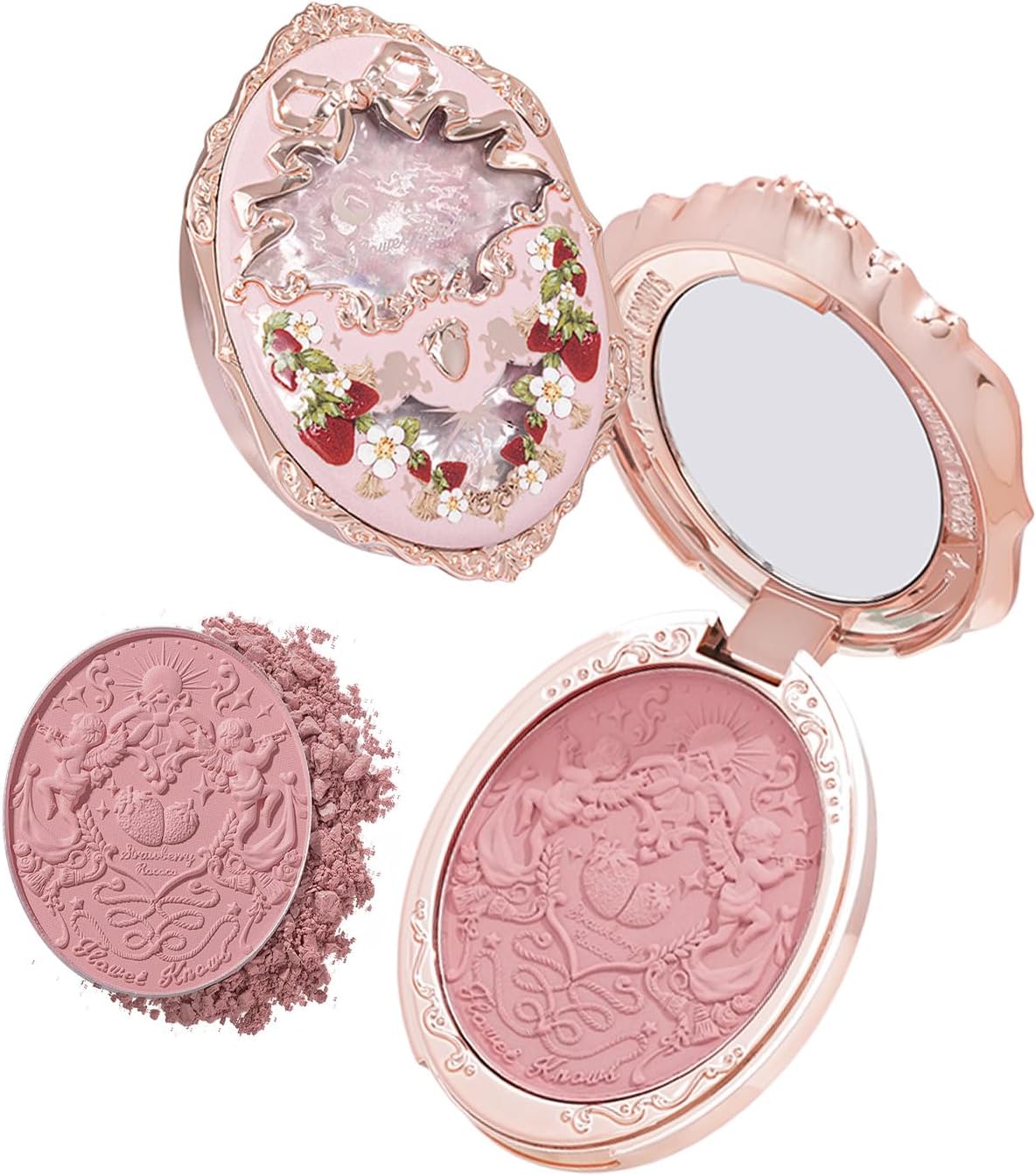 Flower Knows Strawberry Rococo Embossed Blush front view showing the vintage compact packaging.